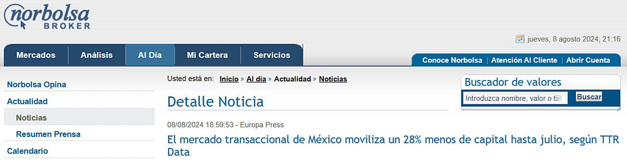 El mercado transaccional de Mxico moviliza un 28% menos de capital hasta julio, segn TTR Data